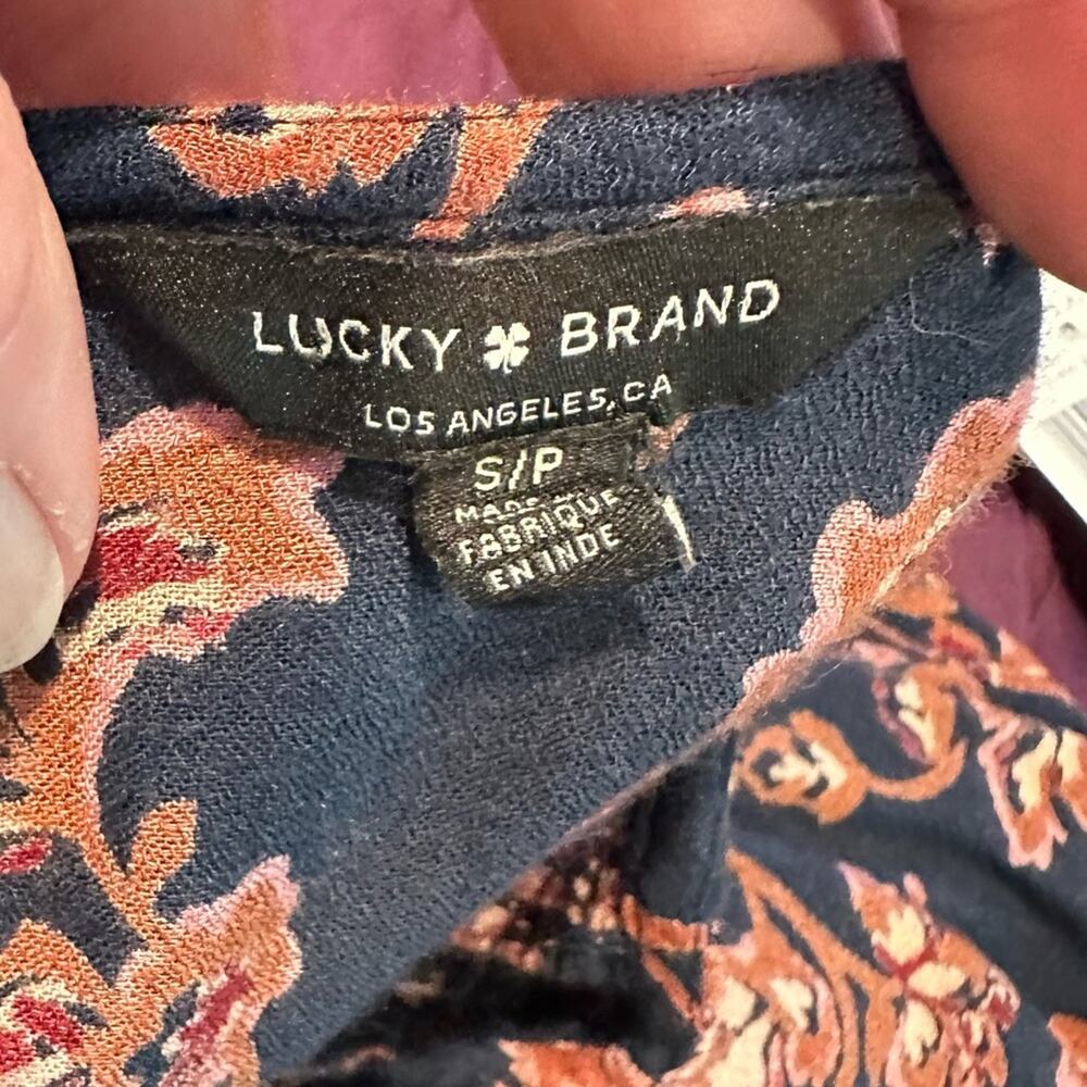 Lucky Brand Floral Tie Neck Top Size Small Navy - Picture 4 of 8
